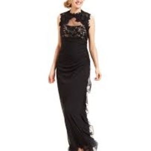 Betsy & Adam Black and nude Illusion lace cascade ruffle maxi gown Size 8 Large